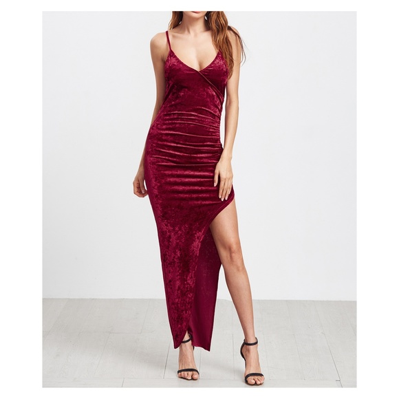 LAST ONE Burgundy Side Slit Velvet Maxi Dress - Picture 2 of 5